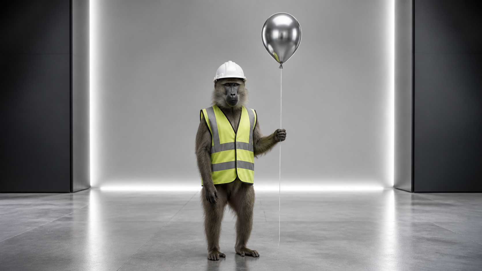 A baboon wearing a construction vest and hard hat while holding a silver balloon
